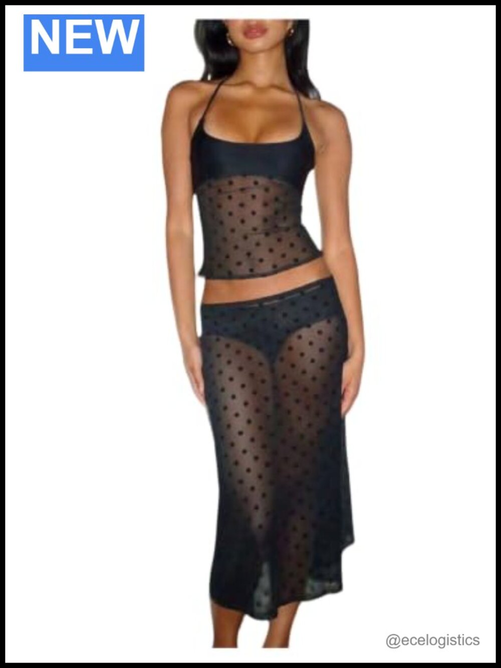 Women's 2 Piece Polka Dot Sheer Halter Top Midi Skirt Set Mesh Tie Backless